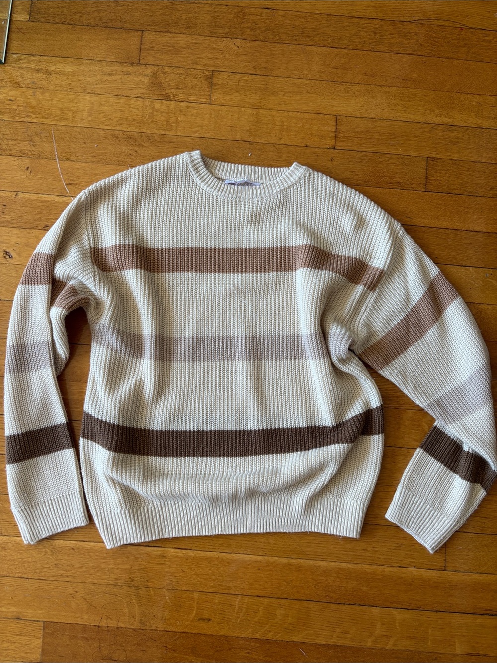 iris Cream Crewneck Sweater with Brown Stripes